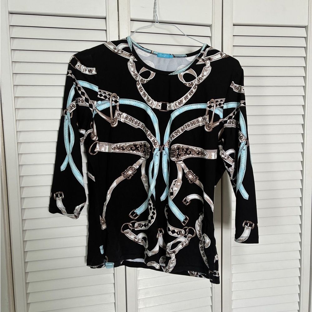 J. McLaughlin Black and Light Blue Long Sleeve Top